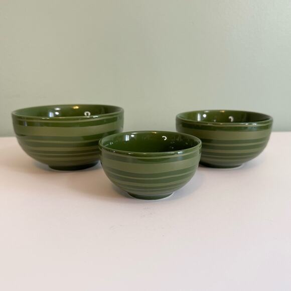 Temptations By Tara 3-Piece Set Nesting Bowls Dark Sleek Green Striped Ceramic - Picture 1 of 11